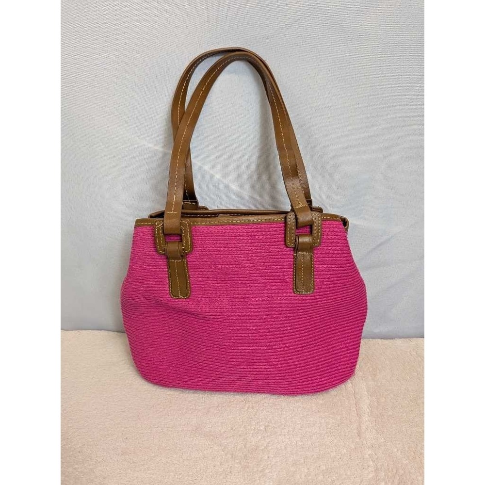 Cappelli Strawworld Tote Handbag Pink Woven Leather‎ Trim Summer Bag